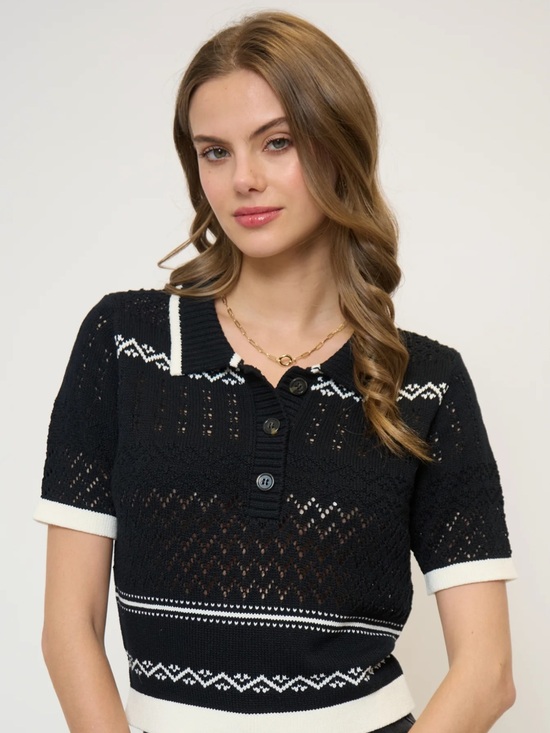 Central Park West Sweaters - Central Park West Black Knit Polo with White Trim
